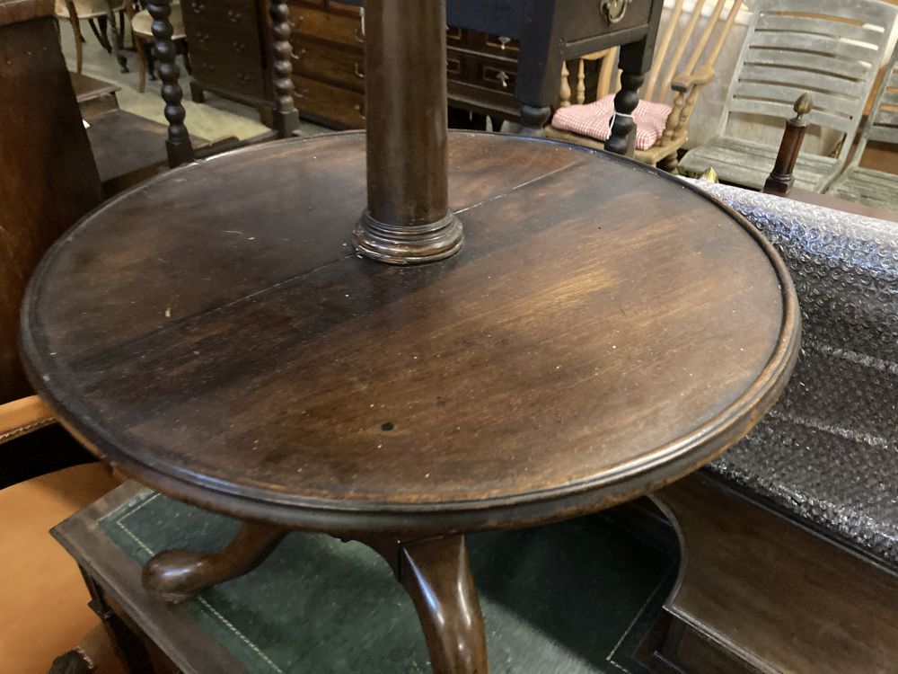 A George III mahogany two tier dumb waiter (cut down), width 55cm, height 79cm